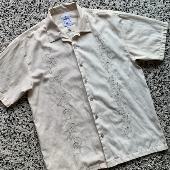 AFTCO Bluewater x Guy Harvey Marlin Embroidered Button Down Shirt Cream Size XL - Picture 4 of 13